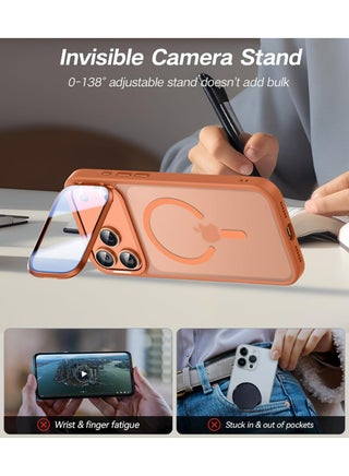 iPhone 17 Pro Max Case Magsafe Strong Magnet [Upgraded Full Camera Protection] with Camera Cover Stand Shockproof Phone Bumper Cover, Wear-resistant iPhone 17 Pro Max Cover Compatible with Magsafe Accessory Anti-Scratch Translucent Magnetic (Orange) - view 3