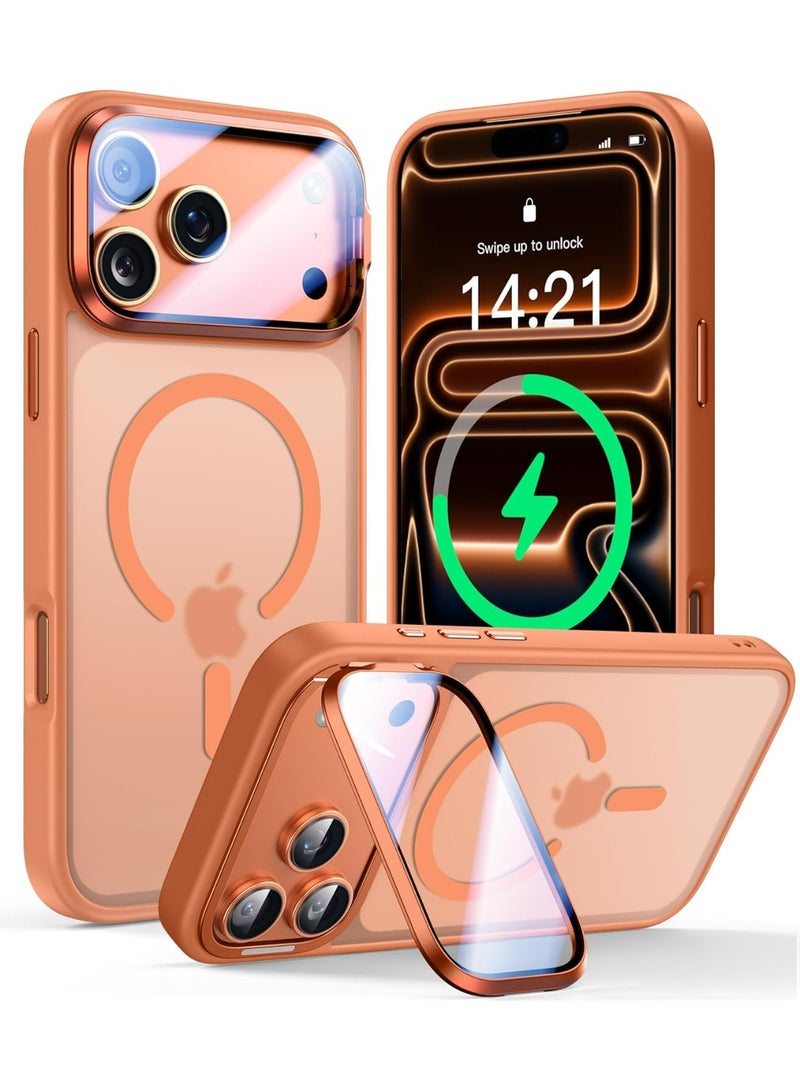 X-level iPhone 17 Pro Max Case Magsafe Strong Magnet [Upgraded Full Camera Protection] with Camera Cover Stand Shockproof Phone Bumper Cover, Wear-resistant iPhone 17 Pro Max Cover Compatible with Magsafe Accessory Anti-Scratch Translucent Magnetic (Orange) - Image 1