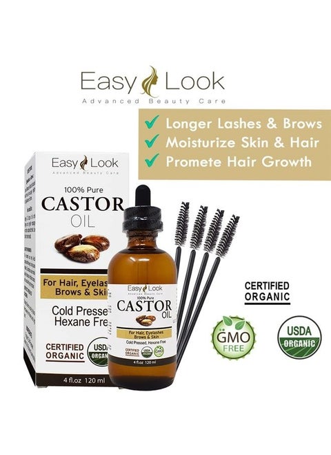 Castor Oil 4oz, USDA Certified Organic 100% Pure, Stimulate Growth for Eyelashes, Eyebrows, Hair. Skin Moisturizer & Hair Treatment Starter Kit