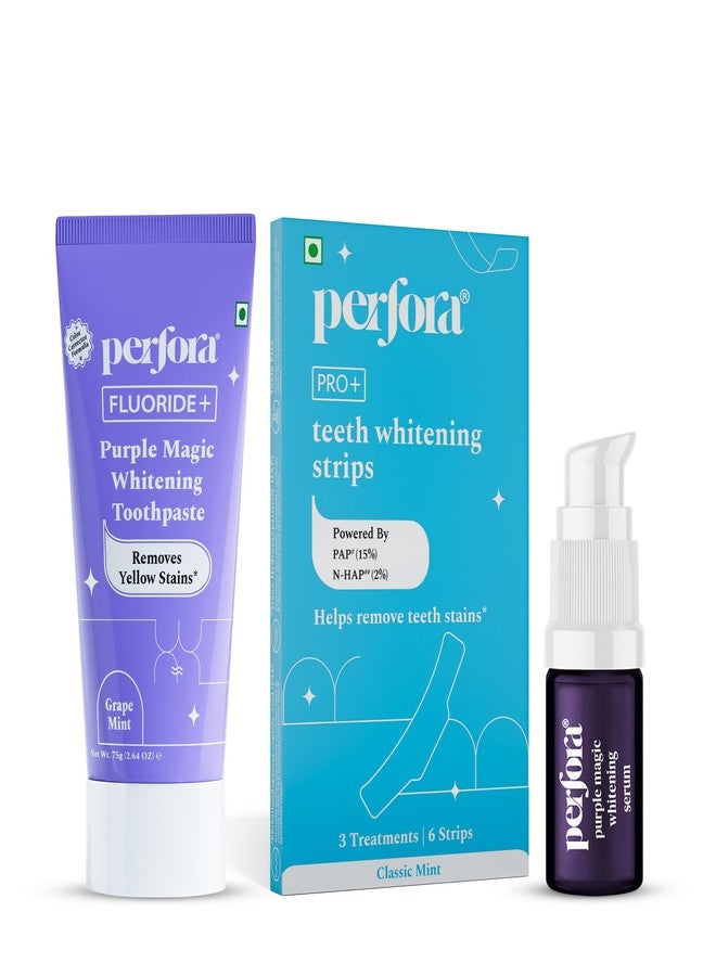 Perfora مجموعة تبييض الأسنان من بيرفورا - تبييض الأسنان في استخدام واحد | تركيبة آمنة للمينا وخالية من الحساسية للعناية بالفم لإزالة بقع الأسنان | معجون أسنان بنفسجي - 75 جرام، شرائط تبييض الأسنان - عبوة من 3 و سيروم بنفسجي - 10 مل - Image 1
