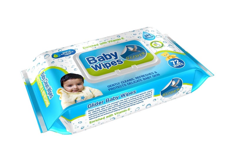 Glider Baby Wipes | Moisture Lock Flip-Top | Enriched with Aloe Vera & Vitamin E | pH Balanced, Paraben & Chlorine Free | (Pack of 6 – 432 Wipes) - Image 3