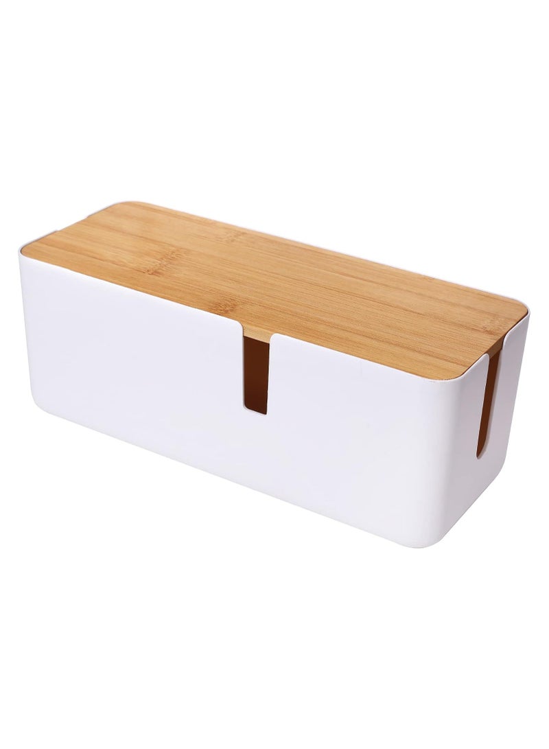 Small Cable Management Box with Bamboo Lid for Extension Cord Power Stripe Surge Protector Wire Concealer Organizer Cover Hider (White) - Image 1