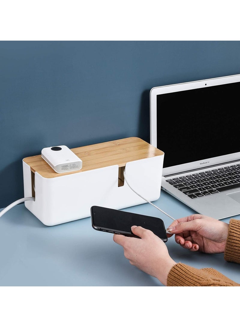 Small Cable Management Box with Bamboo Lid for Extension Cord Power Stripe Surge Protector Wire Concealer Organizer Cover Hider (White) - Image 4