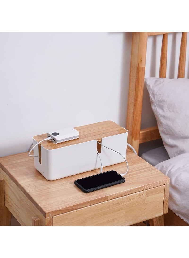 Small Cable Management Box with Bamboo Lid for Extension Cord Power Stripe Surge Protector Wire Concealer Organizer Cover Hider (White) - Image 5