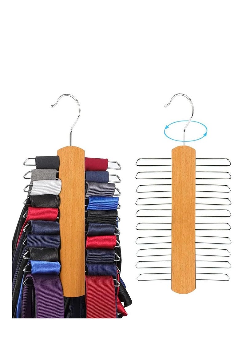 KASTWAVE 2 Piece Wooden Tie Hanger, Swivel Tie Racks, Tie Belt Rack, with 20 Metal Partitions and 360 Degree Rotating Clothes Hook, for Hanging Belts, Tie, Scarves, Neckties and More  - Image 1