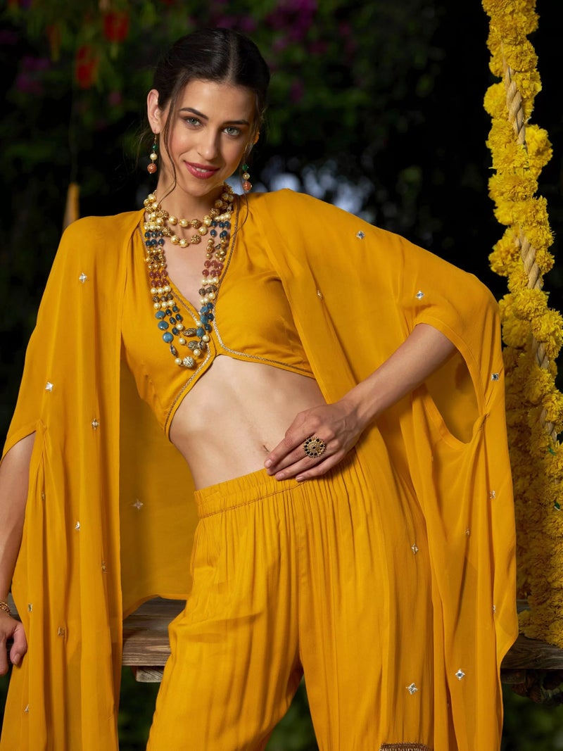PRASHA Women Yellow Crop Top With Tiered Sharara And Emb Cape - Image 3