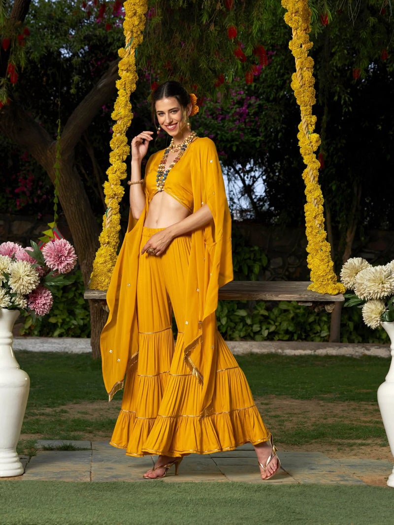 PRASHA Women Yellow Crop Top With Tiered Sharara And Emb Cape - Image 2