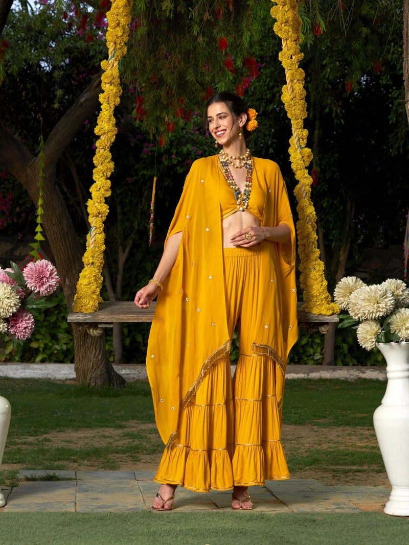 PRASHA Women Yellow Crop Top With Tiered Sharara And Emb Cape - Image 1