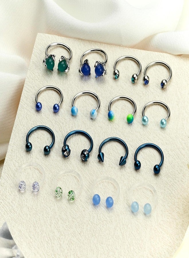 FECTAS 16pcs Septum Rings 16G Septum Jewelry Surgical Steel Horseshoe Hoop Helix Daith Tragus Lip Nose Piercing Retainer for Women Men Blue Green - Image 3