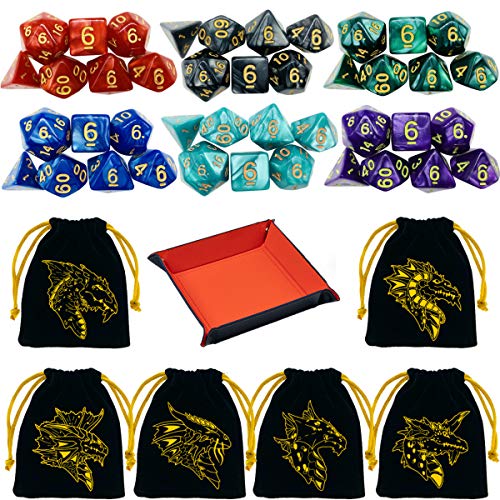 TOYFUL 6 Sets DND Dice Polyhedral Dice Dungeons and Dragons Rolling Dice for RPG MTG Table Games Dice Bulk with Free Six Drawstring Bags and PU Leather DD Dice Tray - Image 1