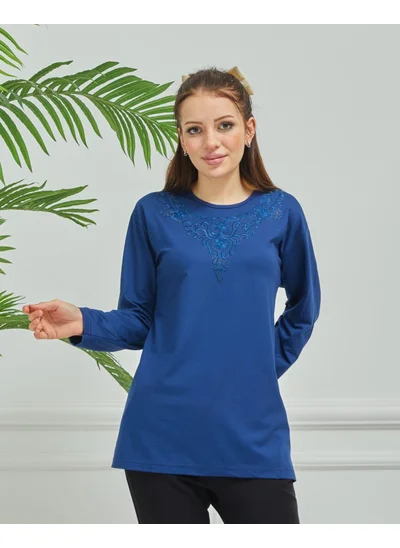 ستيلموني Women's Mother Indigo Embroidered Casual Middle Age Combed Cotton Blouse