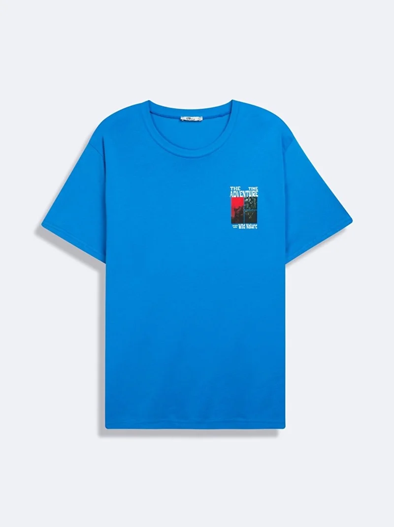 Short Sleeve Crew Neck Slogan Printed Blue T-Shirt