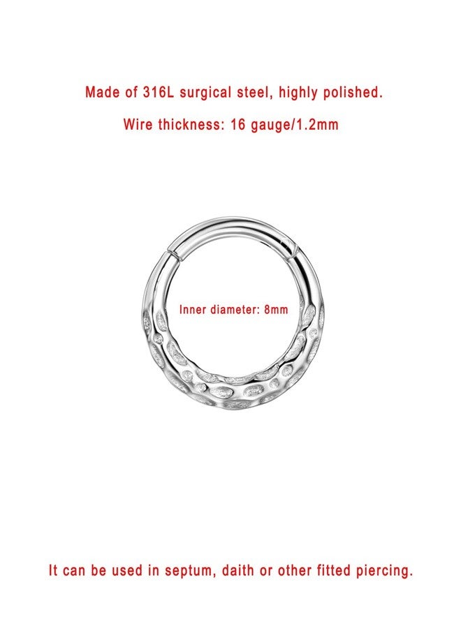 FANSING 316L Surgical Steel Hammered Piercing Rings for Septum Piercing for Womens Hinged Septum Jewelry 16g 8mm - Image 2
