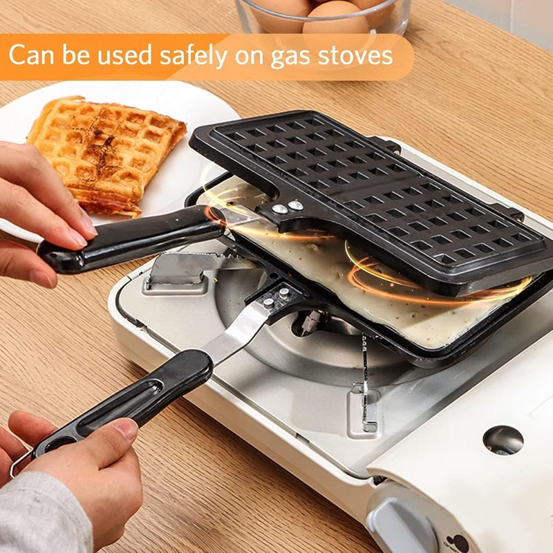 DR Mall Dual Head NonStick Aluminium Waffle Maker Stovetop Waffle Maker Pan with Long Handle Press Plate Waffle Maker Mould Waffle Baking Pan Bakeware for Snacks Breakfast DoubleSide Cooking Pan - Image 2