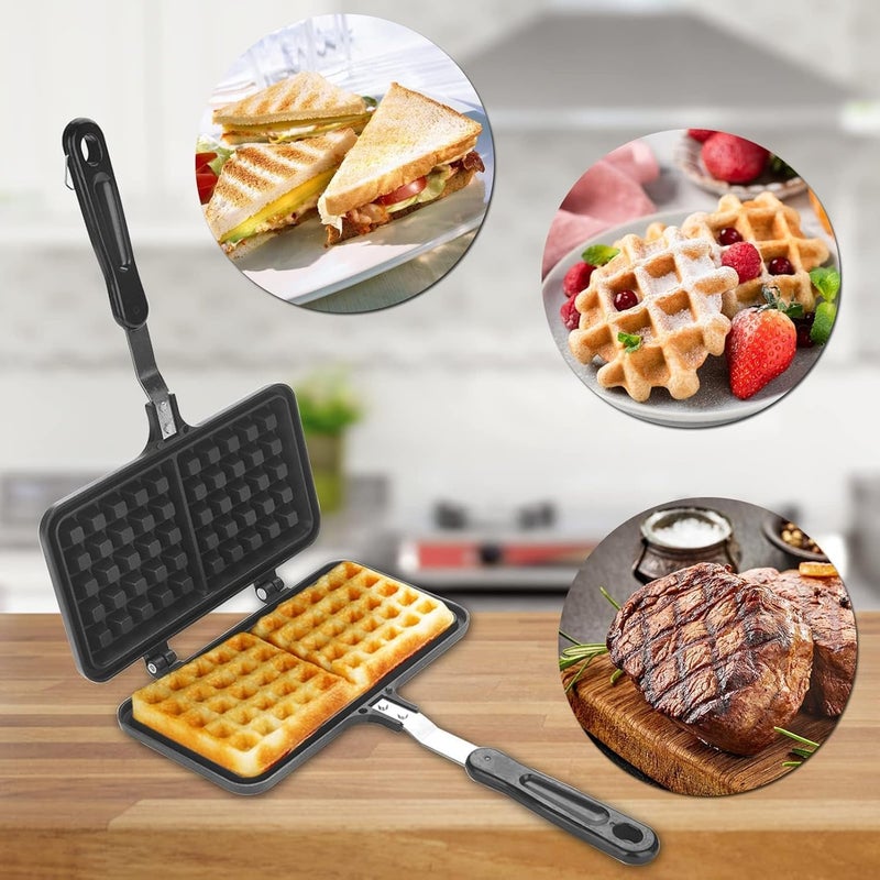 DR Mall Dual Head NonStick Aluminium Waffle Maker Stovetop Waffle Maker Pan with Long Handle Press Plate Waffle Maker Mould Waffle Baking Pan Bakeware for Snacks Breakfast DoubleSide Cooking Pan - Image 4