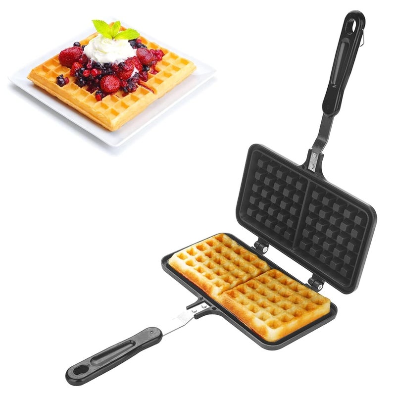 DR Mall Dual Head NonStick Aluminium Waffle Maker Stovetop Waffle Maker Pan with Long Handle Press Plate Waffle Maker Mould Waffle Baking Pan Bakeware for Snacks Breakfast DoubleSide Cooking Pan - Image 3