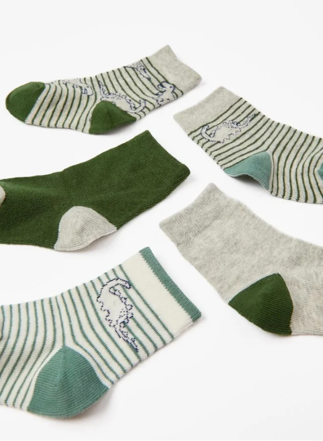 زيبي 5-Pack Cotton Socks for Baby Boys 'Dinosaur', Grey/Green