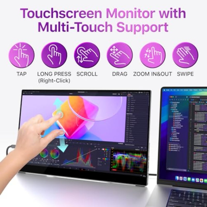 Portable Touchscreen Monitor 15.6 Inch 1080P FHD 90 sRGB Travel Monitor with Built-in Speaker HDMI USB-C Dual Input Second Screen for Laptop MacBook Surface PC Xbox PS4 PS5 VESA Mountable Capacitive Touch - Image 2