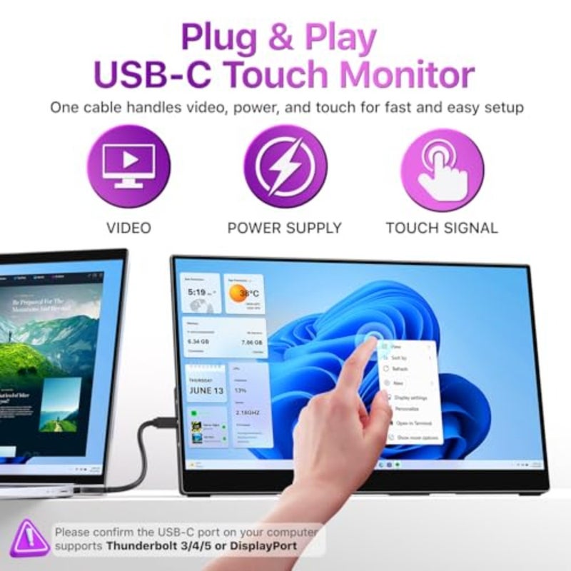 Portable Touchscreen Monitor 15.6 Inch 1080P FHD 90 sRGB Travel Monitor with Built-in Speaker HDMI USB-C Dual Input Second Screen for Laptop MacBook Surface PC Xbox PS4 PS5 VESA Mountable Capacitive Touch - Image 4