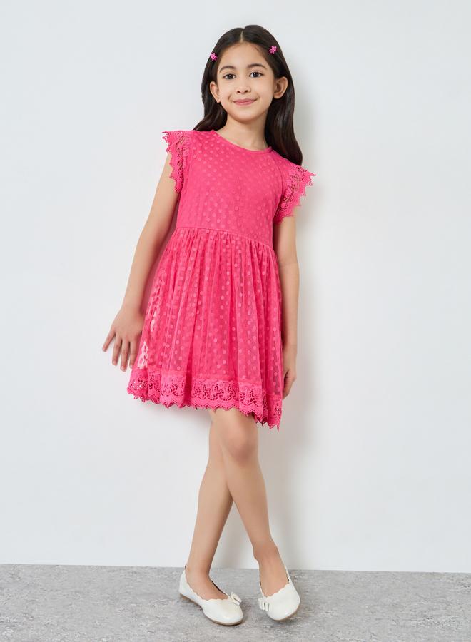 Styli Girls Dobby Dress With Lace Sleeve - Image 1