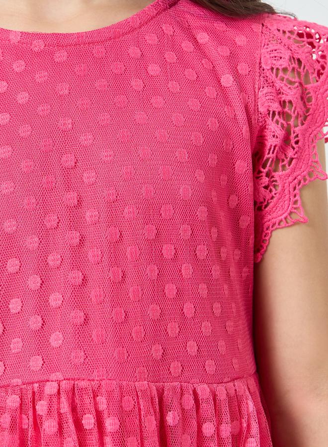 Styli Girls Dobby Dress With Lace Sleeve - Image 3