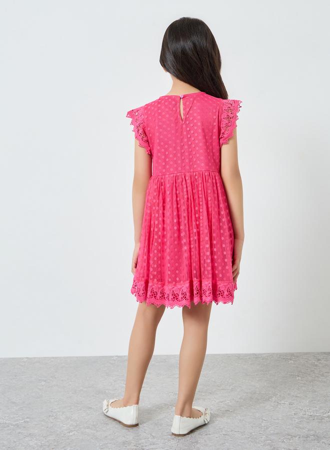 Styli Girls Dobby Dress With Lace Sleeve - Image 4