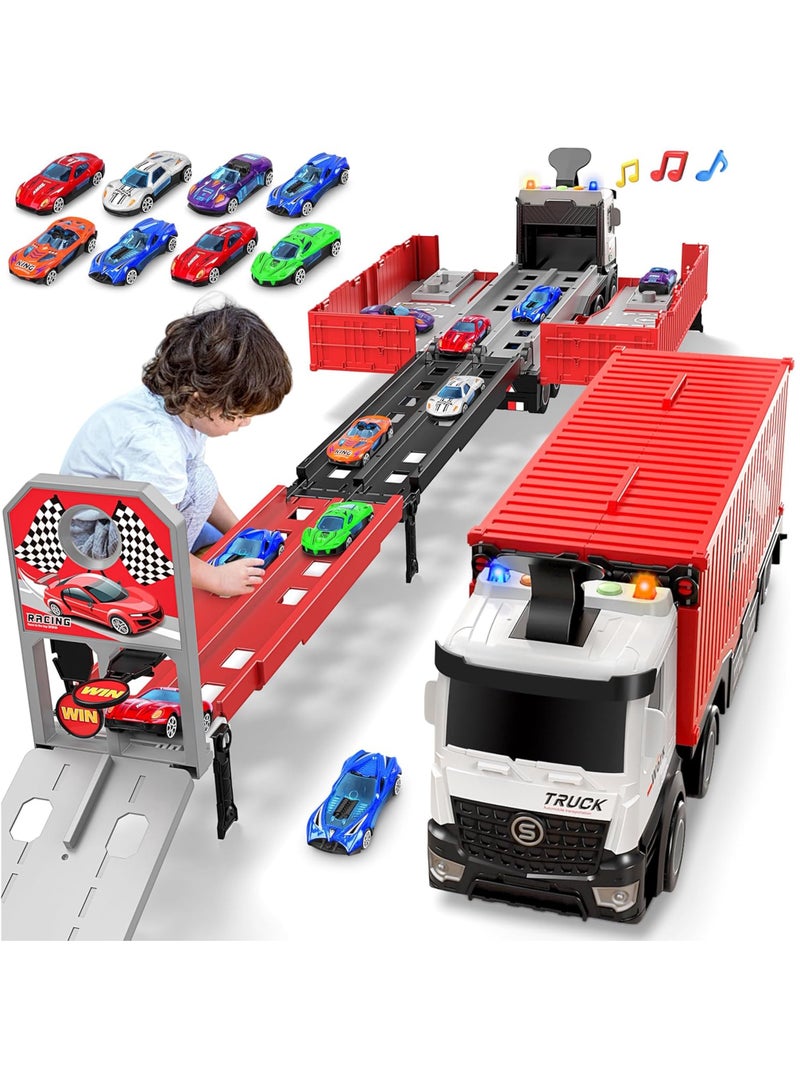 MileMelo Race Car Track Toy Truck Toy with Slots & Foldable Race Tracks Transport Car Carrier Toy for Toddlers Cars Toy Set Container Truck Toy with 8 Alloy Cars Vehicles Toy Set for 3+ Kids Boys Girls - Image 1