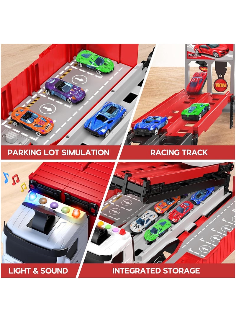 MileMelo Race Car Track Toy Truck Toy with Slots & Foldable Race Tracks Transport Car Carrier Toy for Toddlers Cars Toy Set Container Truck Toy with 8 Alloy Cars Vehicles Toy Set for 3+ Kids Boys Girls - Image 4