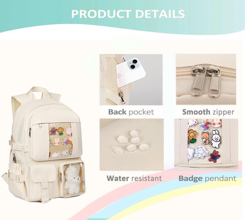 PRLINJSK Kawaii Backpack for Teen Girls, Cute Aesthetic High Middle School College Bookbag with Accessories, Beige - Image 5