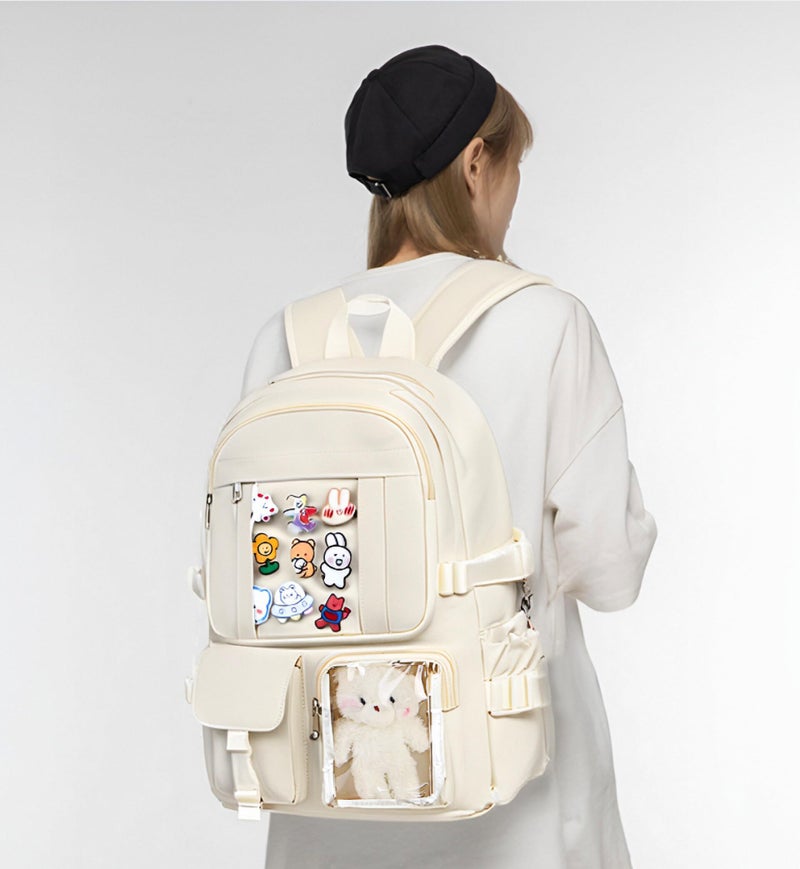 PRLINJSK Kawaii Backpack for Teen Girls, Cute Aesthetic High Middle School College Bookbag with Accessories, Beige - Image 2