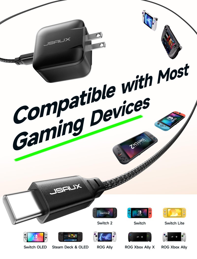 JSAUX 65W GaN USB C Charger for Nintendo Switch 2, Powers in TV Mode, with EU/UK Plug & 6.6FT Cable for ROG Xbox Ally, Steam Deck, ROG Ally, iPhone 17e/17, Galaxy S26, Tablet & Laptop â€“ Black - Image 5
