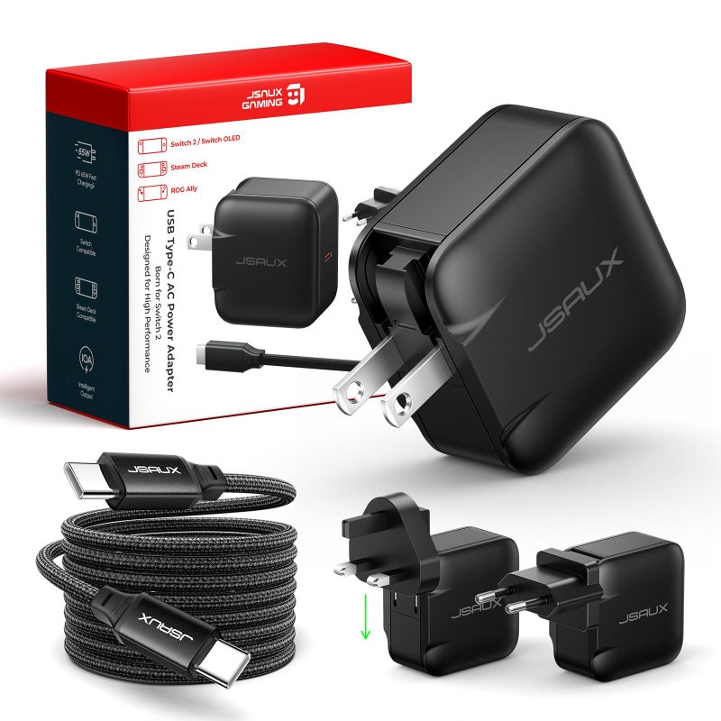 JSAUX 65W GaN USB C Charger for Nintendo Switch 2, Powers in TV Mode, with EU/UK Plug & 6.6FT Cable for ROG Xbox Ally, Steam Deck, ROG Ally, iPhone 17e/17, Galaxy S26, Tablet & Laptop â€“ Black - Image 1