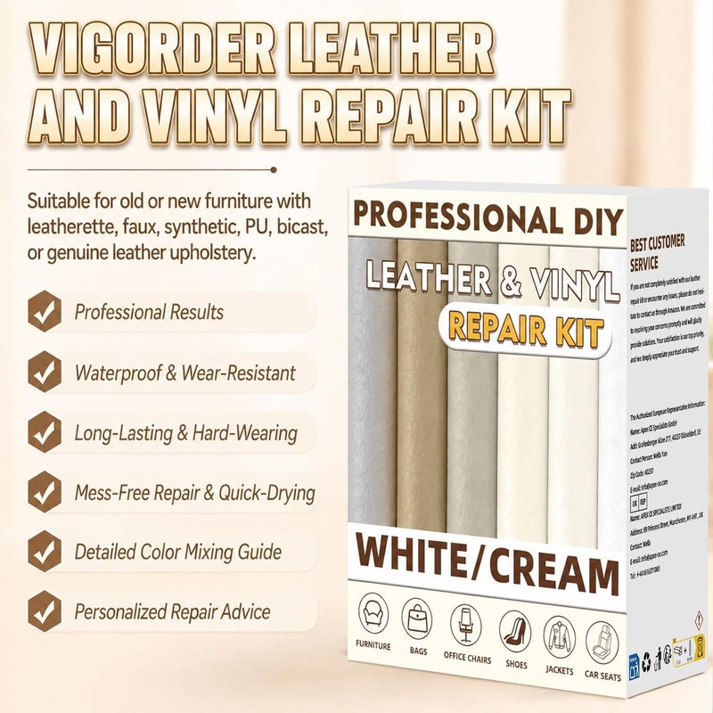 Vigorder Cream Leather Repair Kit for Furniture, Vinyl Repair Kit for Car Interior, Sofa, Jacket, Purse – Super Easy Instructions to Fix Scratches, Tears, Holes, and Peeling - Image 4