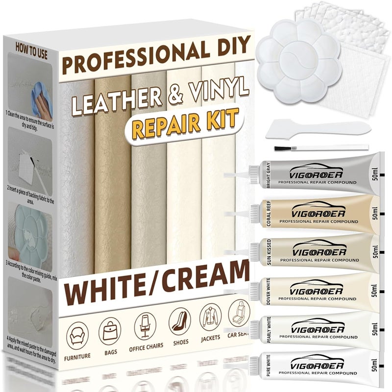 Vigorder Cream Leather Repair Kit for Furniture, Vinyl Repair Kit for Car Interior, Sofa, Jacket, Purse – Super Easy Instructions to Fix Scratches, Tears, Holes, and Peeling - Image 1