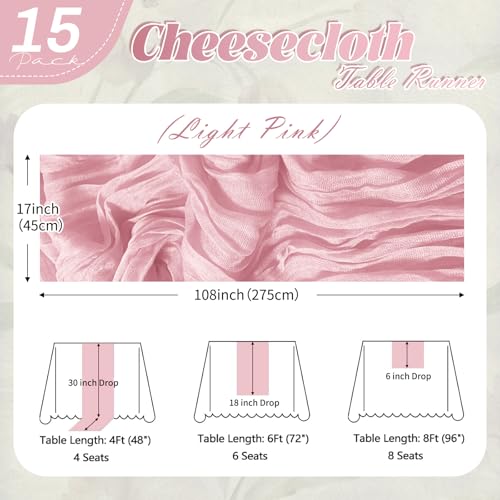 Yorcari 15 Pack Light Pink Cheesecloth Table Runner 17 x 108 inch Cheese Cloth Table Runners 9ft Pink Table Runner Rustic Romantic Sheer Gauze Runner for Wedding Party Baby Shower Table Decoration - Image 3