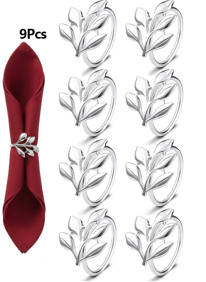 9PCS Napkin Ring Set, Silver Napkin Ring Set, Vintage Leaf Shaped Napkin Ring Holder, Alloy Willow Leaf Napkin Ring, High-End Western Restaurant Hotel Napkin Accessory Napkin Ring (Silver) - Image 1