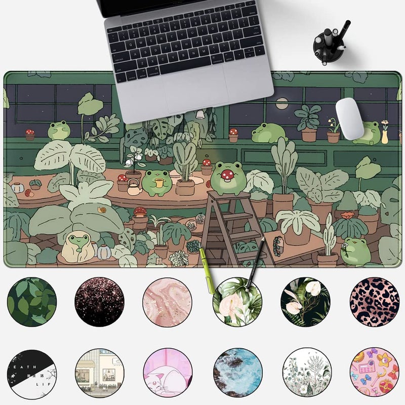 Mechanical Cattle Cute Frog Kawaii Green Desk Decor Mat, Large Gaming Mouse Pad for Computer Keyboard Laptop, Home Office Accessories for Girl (31.5x15.7 in)-with Stitched Edges Pad - Image 2