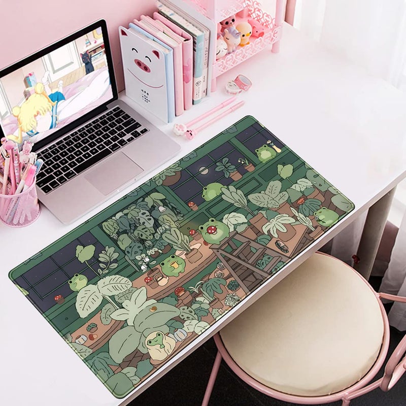 Mechanical Cattle Cute Frog Kawaii Green Desk Decor Mat, Large Gaming Mouse Pad for Computer Keyboard Laptop, Home Office Accessories for Girl (31.5x15.7 in)-with Stitched Edges Pad - Image 5