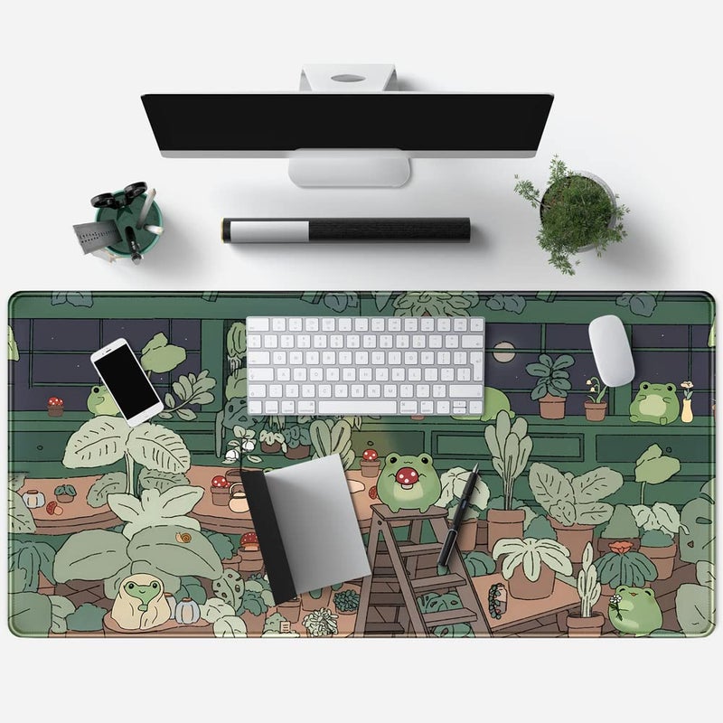 Mechanical Cattle Cute Frog Kawaii Green Desk Decor Mat, Large Gaming Mouse Pad for Computer Keyboard Laptop, Home Office Accessories for Girl (31.5x15.7 in)-with Stitched Edges Pad - Image 4