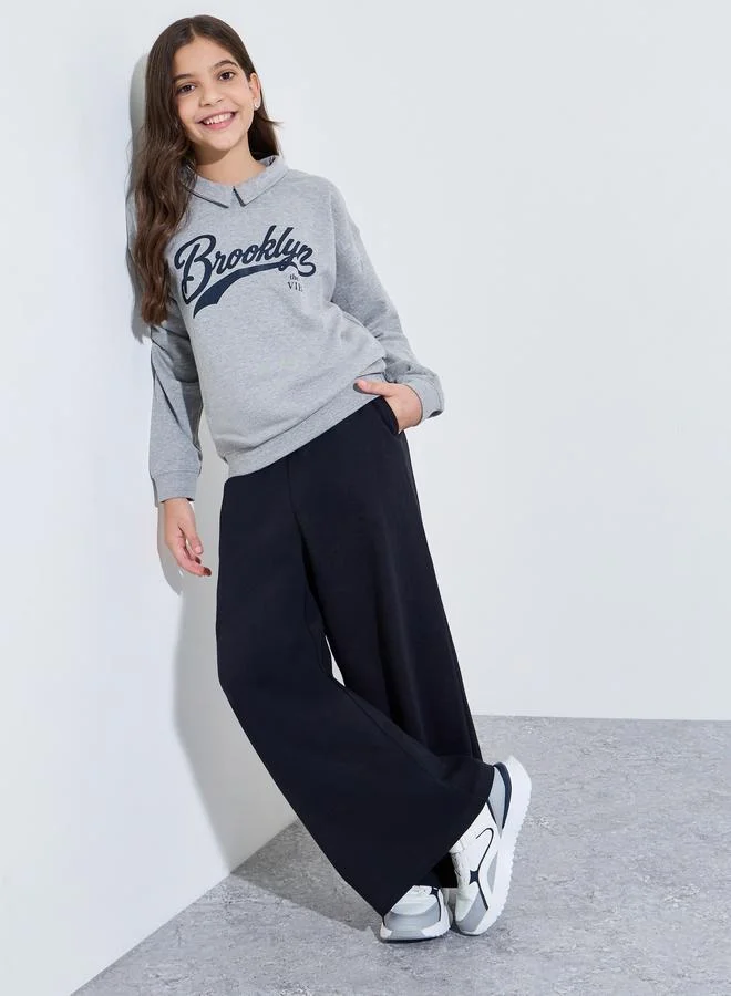 Styli Teen Girls Grey Collared Printed Sweatshirt and Solid Navy Blue Joggers Set