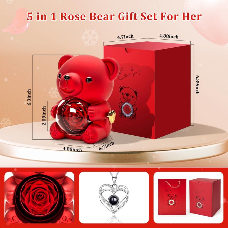 HITOP Rose Gifts for Women - Cute Teddy Bear with Preserved Real Roses Forever Flowers and I Love You in 100 Languages Necklace for Girlfriend Her Wife Mom Grandma on Birthdays, Anniversaries (Red) - Image 5