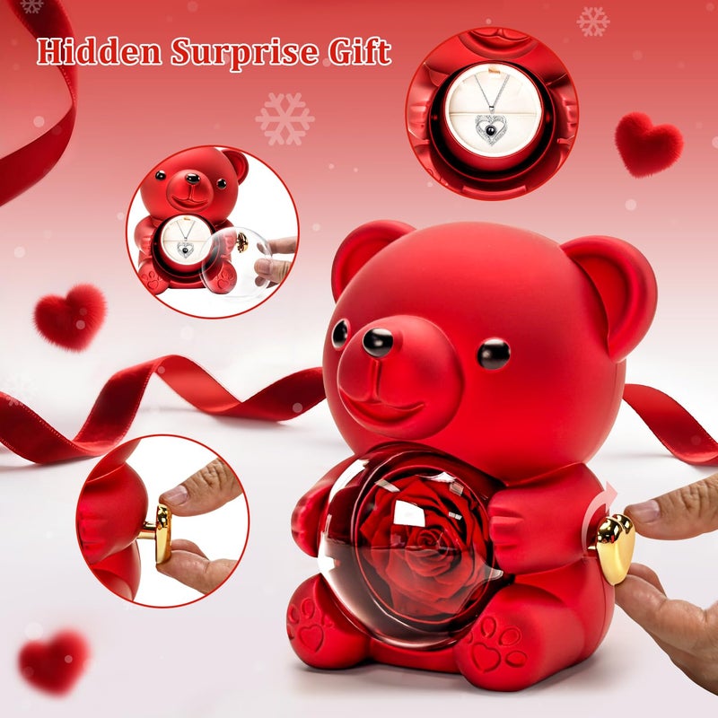 HITOP Rose Gifts for Women - Cute Teddy Bear with Preserved Real Roses Forever Flowers and I Love You in 100 Languages Necklace for Girlfriend Her Wife Mom Grandma on Birthdays, Anniversaries (Red) - Image 2