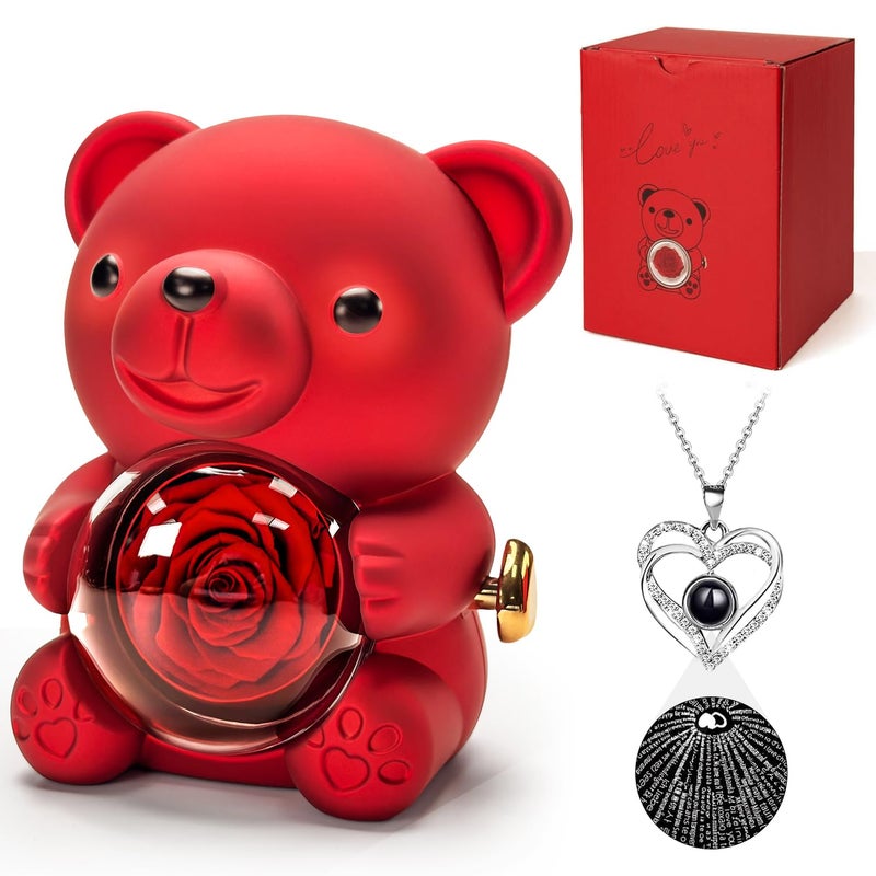 HITOP Rose Gifts for Women - Cute Teddy Bear with Preserved Real Roses Forever Flowers and I Love You in 100 Languages Necklace for Girlfriend Her Wife Mom Grandma on Birthdays, Anniversaries (Red) - Image 1