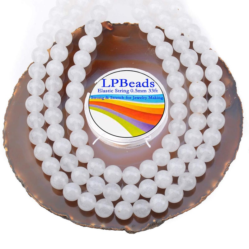 LPBeads 100pcs Polished 8mm Round Natural White Jade Gemstone Loose Beads with Stretch Cord for Jewelry Making Bracelets