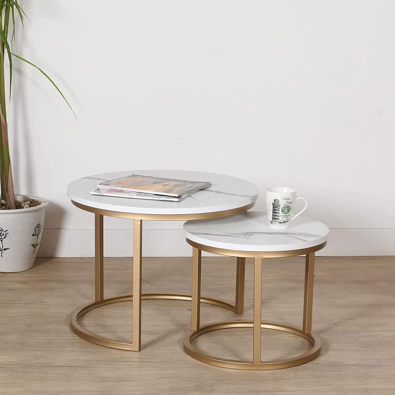 Priti Priti Nesting Table Set of 2 Set of Two White Marble with Golden  - Image 1