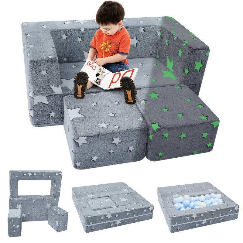 MeMoreCool Kids Sofa Bed Modular Toddler Couch Glow in The Dark Stars Kids Chair Lounger Fold Out Baby Mini Couch Bedroom Furniture for Playroom Grey Star
