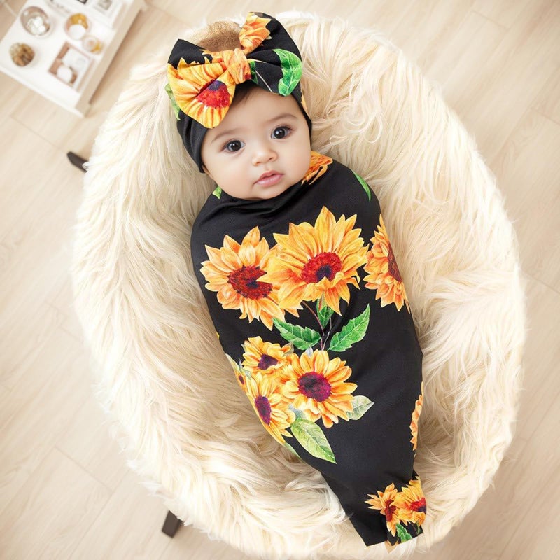Galabloomer Newborn Sunflower Receiving Blanket Headband Set Baby Flower Rose Swaddle With Big Bow - Image 2
