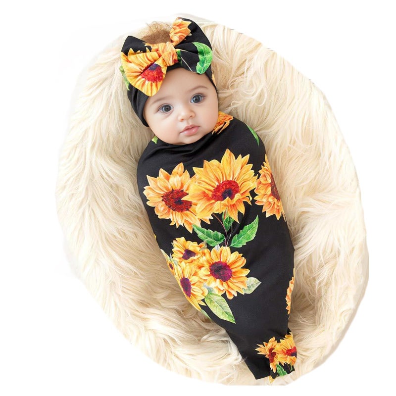 Galabloomer Newborn Sunflower Receiving Blanket Headband Set Baby Flower Rose Swaddle With Big Bow - Image 1