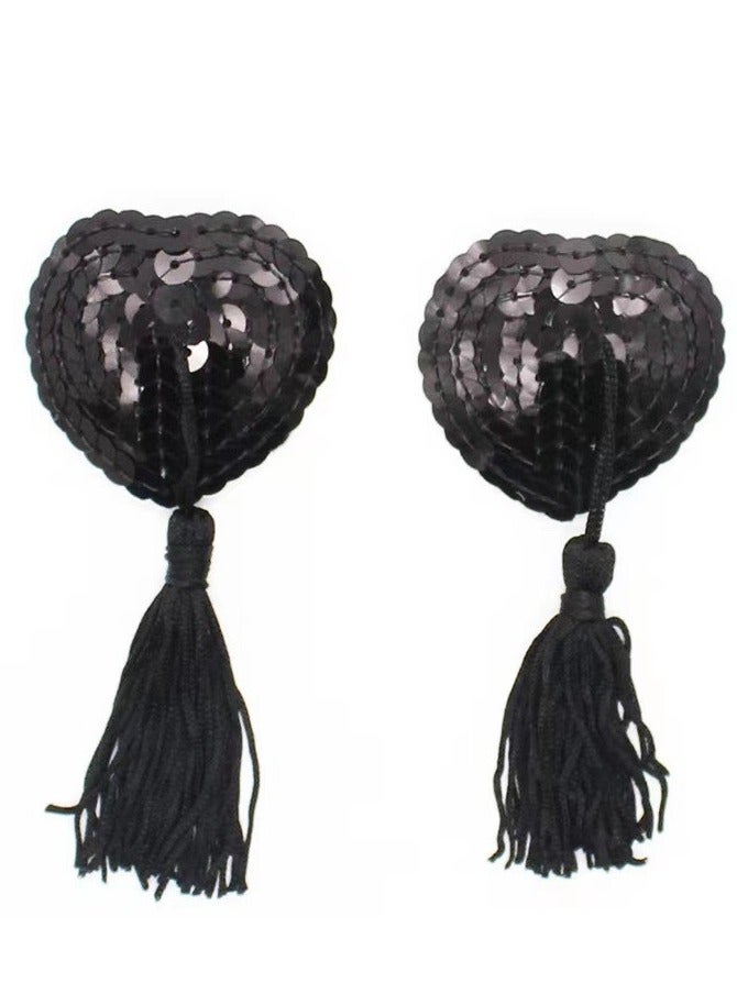 1 Pair Heart Shape Bra Stickers with Tassel Black - Image 1