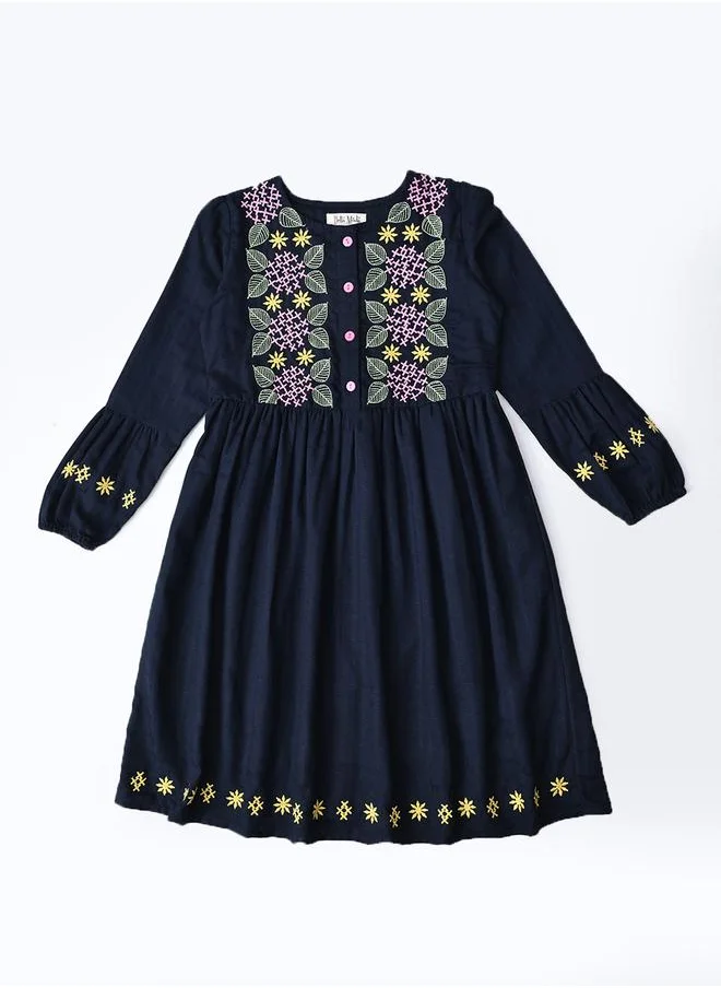 BELLA MODA Bella Moda Embroidered 3/4 Sleeves Cotton Dress with Button Front